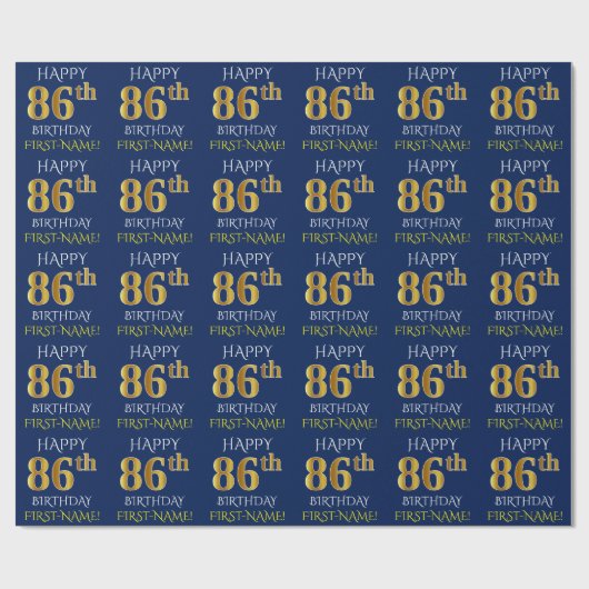 Blauw, Faux Gold "HAPPY 86th BIRTHDAY" Cadeaupapier (Vlak)