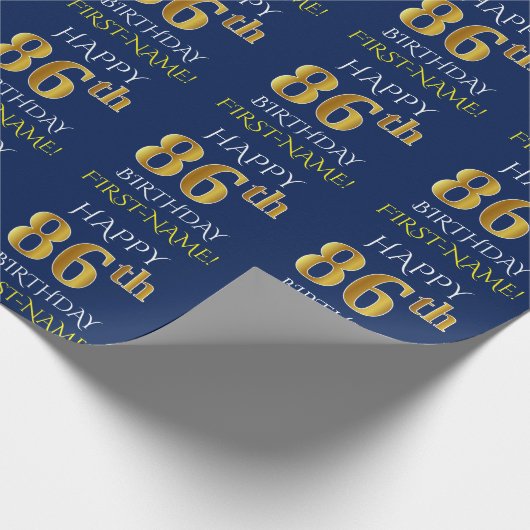 Blauw, Faux Gold "HAPPY 86th BIRTHDAY" Cadeaupapier (Hoek)