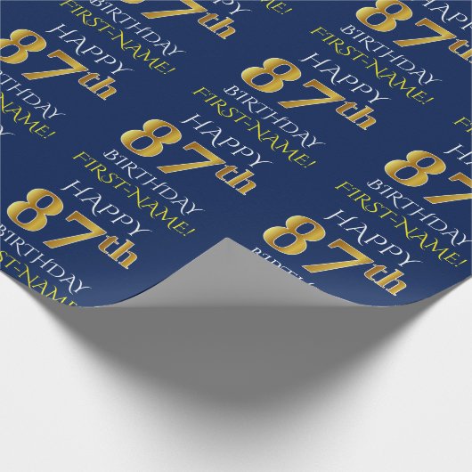 Blauw, Faux Gold "HAPPY 87th BIRTHDAY" Cadeaupapier (Hoek)