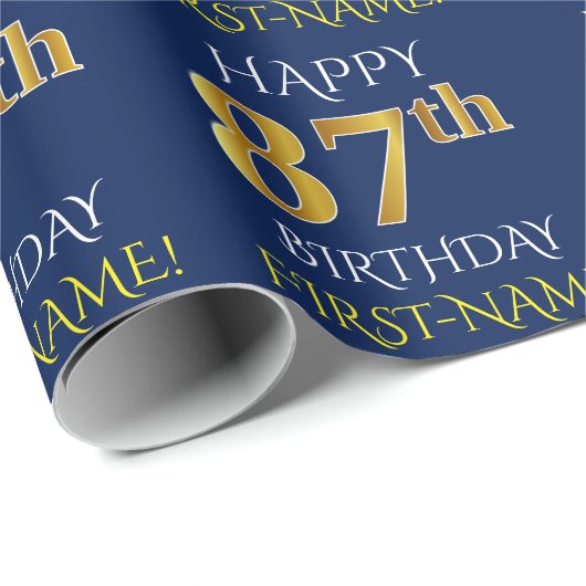 Blauw, Faux Gold "HAPPY 87th BIRTHDAY" Cadeaupapier (Rol Hoek)