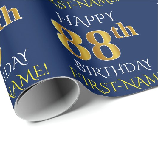Blauw, Faux Gold "HAPPY 88th BIRTHDAY" Cadeaupapier (Rol Hoek)