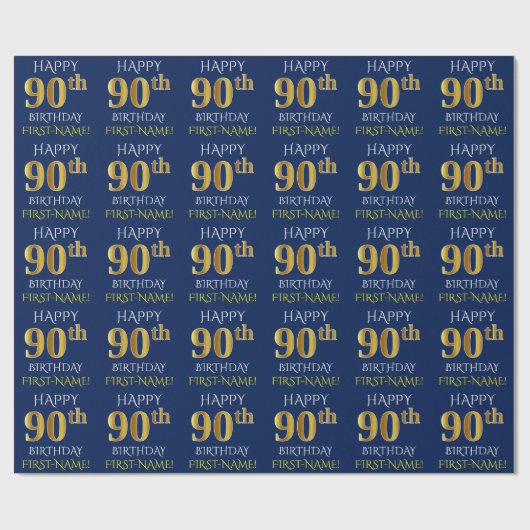Blauw, Faux Gold "HAPPY 90th BIRTHDAY" Cadeaupapier (Vlak)