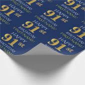 Blauw, Faux Gold "HAPPY 91st BIRTHDAY" Cadeaupapier (Hoek)
