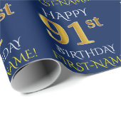 Blauw, Faux Gold "HAPPY 91st BIRTHDAY" Cadeaupapier (Rol Hoek)