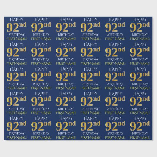 Blauw, Faux Gold "HAPPY 92nd BIRTHDAY" Cadeaupapier (Vlak)