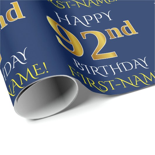 Blauw, Faux Gold "HAPPY 92nd BIRTHDAY" Cadeaupapier (Rol Hoek)