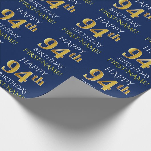 Blauw, Faux Gold "HAPPY 94th BIRTHDAY" Cadeaupapier (Hoek)