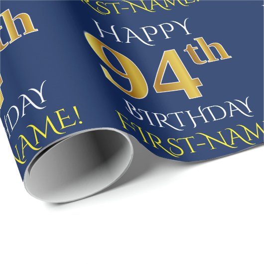 Blauw, Faux Gold "HAPPY 94th BIRTHDAY" Cadeaupapier (Rol Hoek)