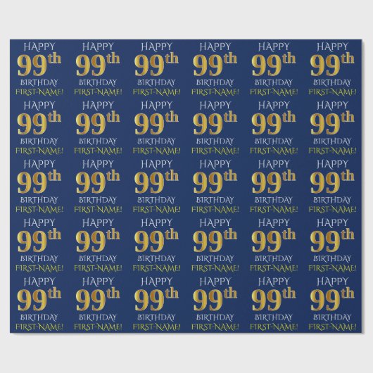 Blauw, Faux Gold "HAPPY 99th BIRTHDAY" Cadeaupapier (Vlak)
