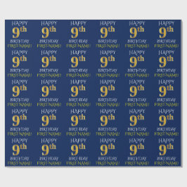 Blauw, Faux Gold "HAPPY 9th BIRTHDAY" Cadeaupapier