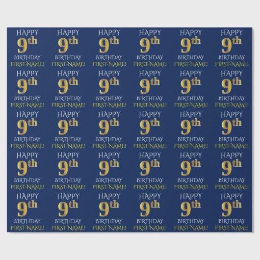 Blauw, Faux Gold "HAPPY 9th BIRTHDAY" Cadeaupapier (Vlak)
