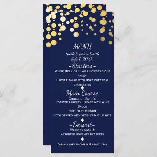 Blauw & Faux Goud Moderne Stippen Bruiloft Menu Ka (Voorkant / Achterkant)