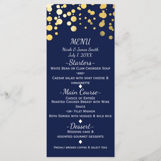 Blauw & Faux Goud Moderne Stippen Bruiloft Menu Ka (Voorkant)