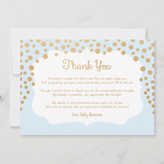 Blauw faux gouden jongen baby shower bedankkaart (Voorkant)