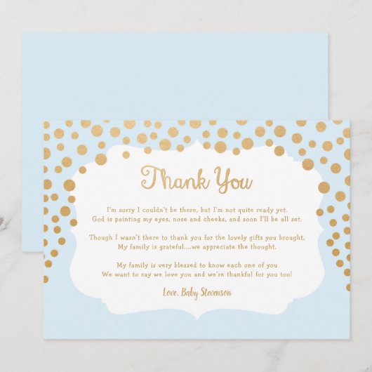 Blauw faux gouden jongen baby shower bedankkaart (Voorkant / Achterkant)