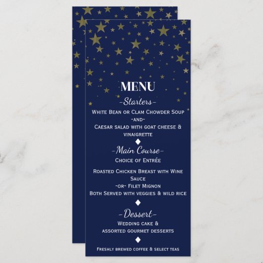 Blauw & Faux Gouden Sterren Bruiloft Menu Kaart (Voorkant / Achterkant)