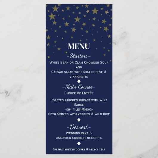 Blauw & Faux Gouden Sterren Bruiloft Menu Kaart (Voorkant)