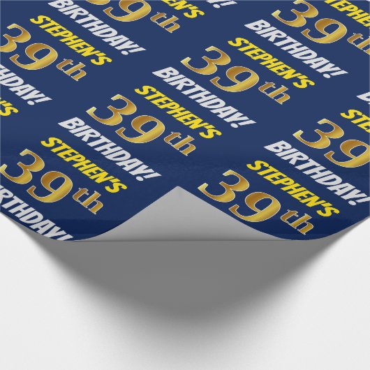 Blauw, Faux/Imitatie Goud, "39ste VERJAARDAG" Cadeaupapier (Hoek)