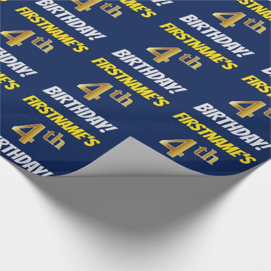 Blauw, Faux/Imitatie Goud, "4e VERJAARDAG" Cadeaupapier (Hoek)