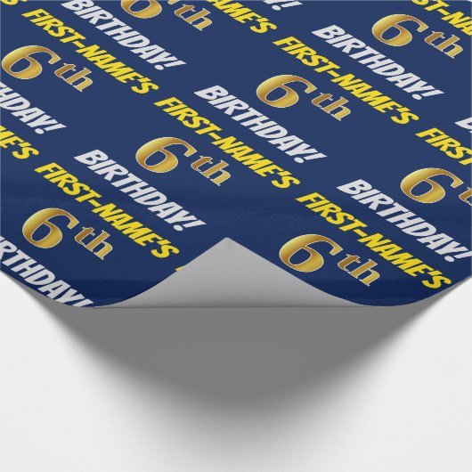 Blauw, Faux/Imitatie Goud, "6e VERJAARDAG" Cadeaupapier (Hoek)