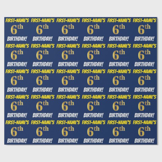 Blauw, Faux/Imitatie Goud, "6e VERJAARDAG" Cadeaupapier (Vlak)