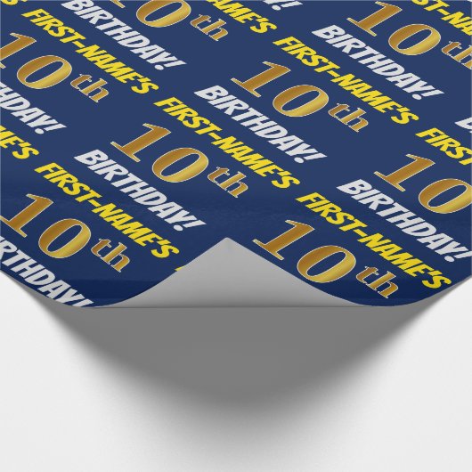 Blauw, Faux/Imitation Gold, "10th BIRTHDAY" Cadeaupapier (Hoek)