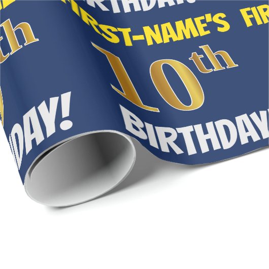 Blauw, Faux/Imitation Gold, "10th BIRTHDAY" Cadeaupapier (Rol Hoek)