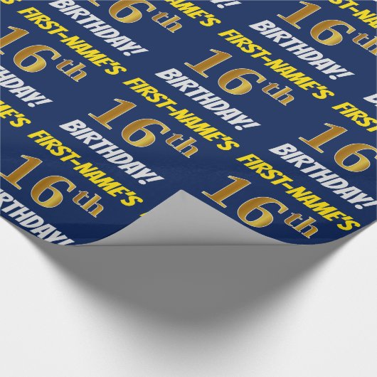 Blauw, Faux/Imitation Gold, "16th BIRTHDAY" Cadeaupapier (Hoek)