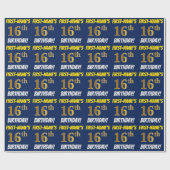 Blauw, Faux/Imitation Gold, "16th BIRTHDAY" Cadeaupapier (Vlak)