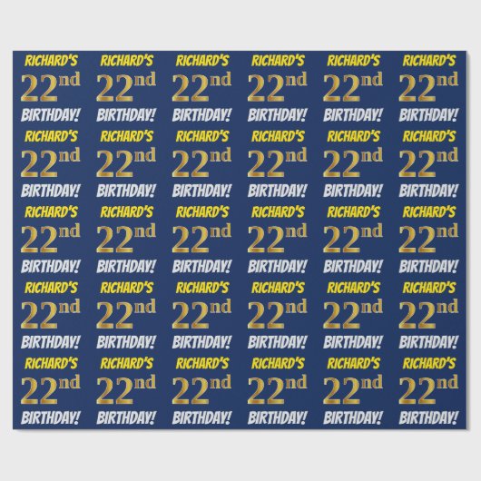 Blauw, Faux/Imitation Gold, "22nd BIRTHDAY" Cadeaupapier (Vlak)
