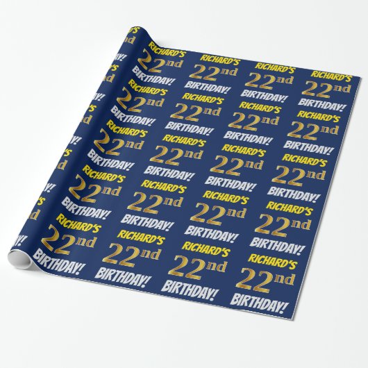 Blauw, Faux/Imitation Gold, "22nd BIRTHDAY" Cadeaupapier (Uitgerold)