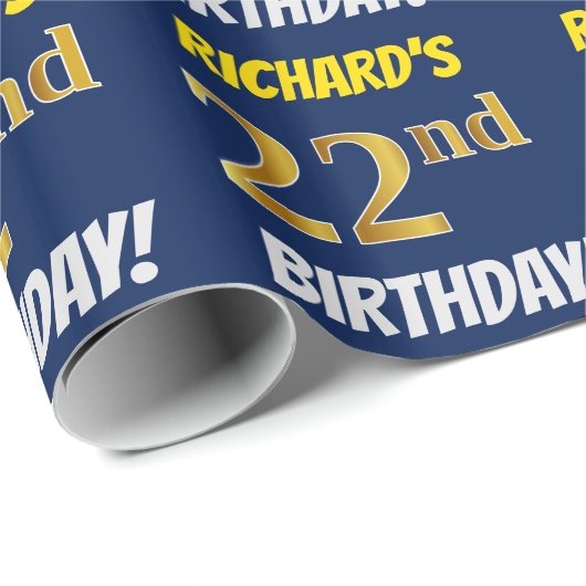 Blauw, Faux/Imitation Gold, "22nd BIRTHDAY" Cadeaupapier (Rol Hoek)