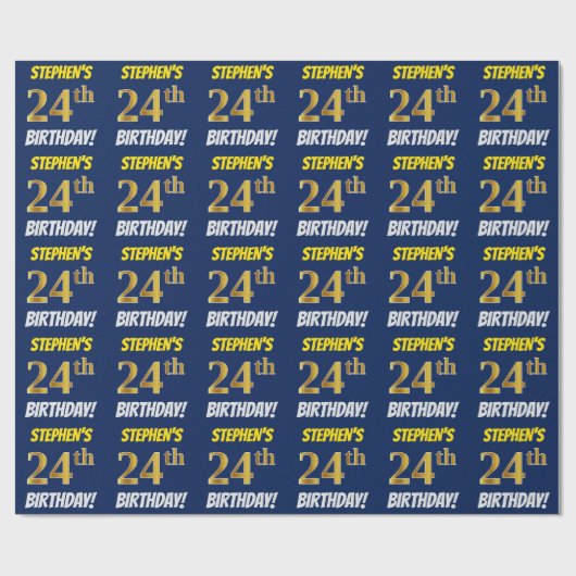 Blauw, Faux/Imitation Gold, "24th BIRTHDAY" Cadeaupapier (Vlak)