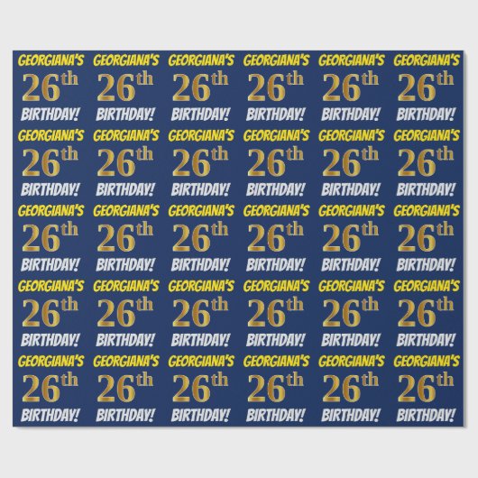 Blauw, Faux/Imitation Gold, "26th BIRTHDAY" Cadeaupapier (Vlak)