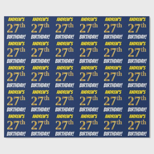 Blauw, Faux/Imitation Gold, "27th BIRTHDAY" Cadeaupapier (Vlak)