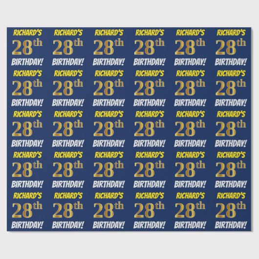 Blauw, Faux/Imitation Gold, "28th BIRTHDAY" Cadeaupapier (Vlak)