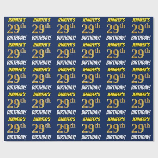 Blauw, Faux/Imitation Gold, "29th BIRTHDAY" Cadeaupapier (Vlak)