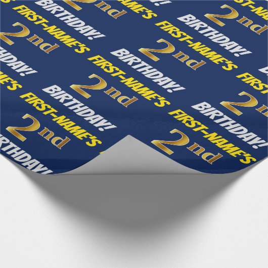 Blauw, Faux/Imitation Gold, "2nd BIRTHDAY" Cadeaupapier (Hoek)