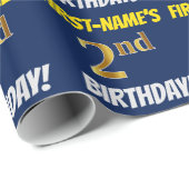 Blauw, Faux/Imitation Gold, "2nd BIRTHDAY" Cadeaupapier (Rol Hoek)