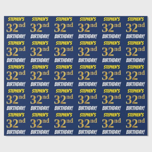 Blauw, Faux/Imitation Gold, "32nd BIRTHDAY" Cadeaupapier (Vlak)