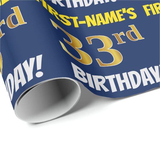 Blauw, Faux/Imitation Gold, "33rd BIRTHDAY" Cadeaupapier (Rol Hoek)
