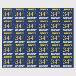 Blauw, Faux/Imitation Gold, "34th BIRTHDAY" Cadeaupapier