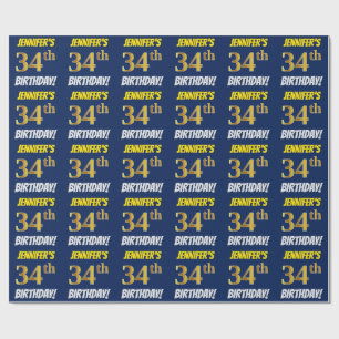 Blauw, Faux/Imitation Gold, "34th BIRTHDAY" Cadeaupapier
