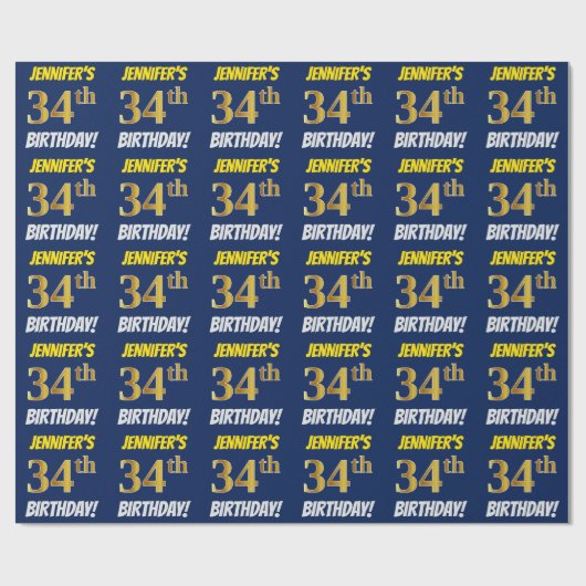 Blauw, Faux/Imitation Gold, "34th BIRTHDAY" Cadeaupapier (Vlak)