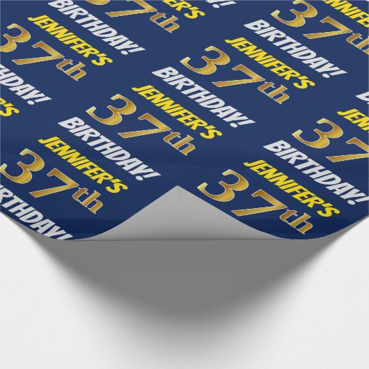 Blauw, Faux/Imitation Gold, 37th BIRTHDAY Cadeaupapier (Hoek)