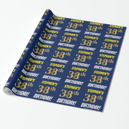 Blauw, Faux/Imitation Gold, "38th BIRTHDAY" Cadeaupapier (Uitgerold)