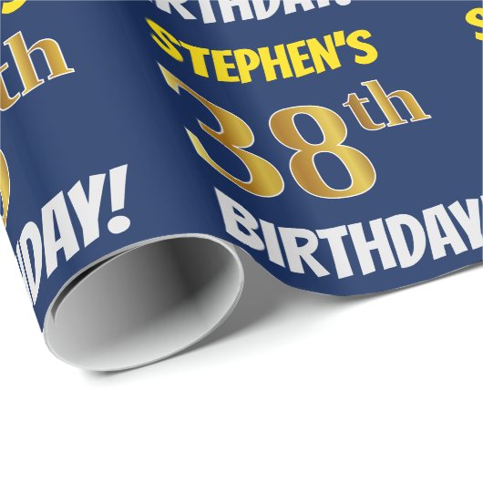 Blauw, Faux/Imitation Gold, "38th BIRTHDAY" Cadeaupapier (Rol Hoek)