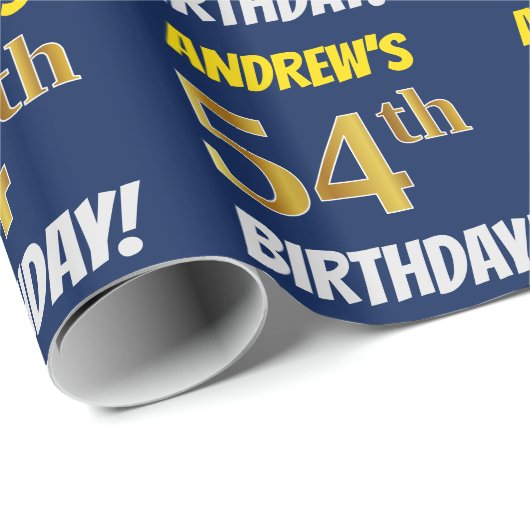 Blauw, Faux/Imitation Gold, "54th BIRTHDAY" Cadeaupapier (Rol Hoek)