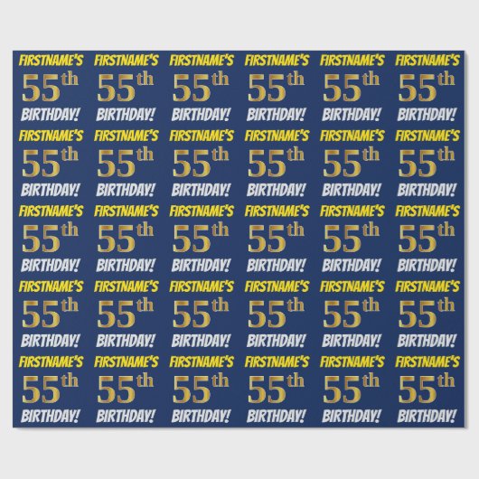 Blauw, Faux/Imitation Gold, "55th BIRTHDAY" Cadeaupapier (Vlak)