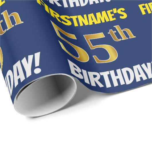 Blauw, Faux/Imitation Gold, "55th BIRTHDAY" Cadeaupapier (Rol Hoek)